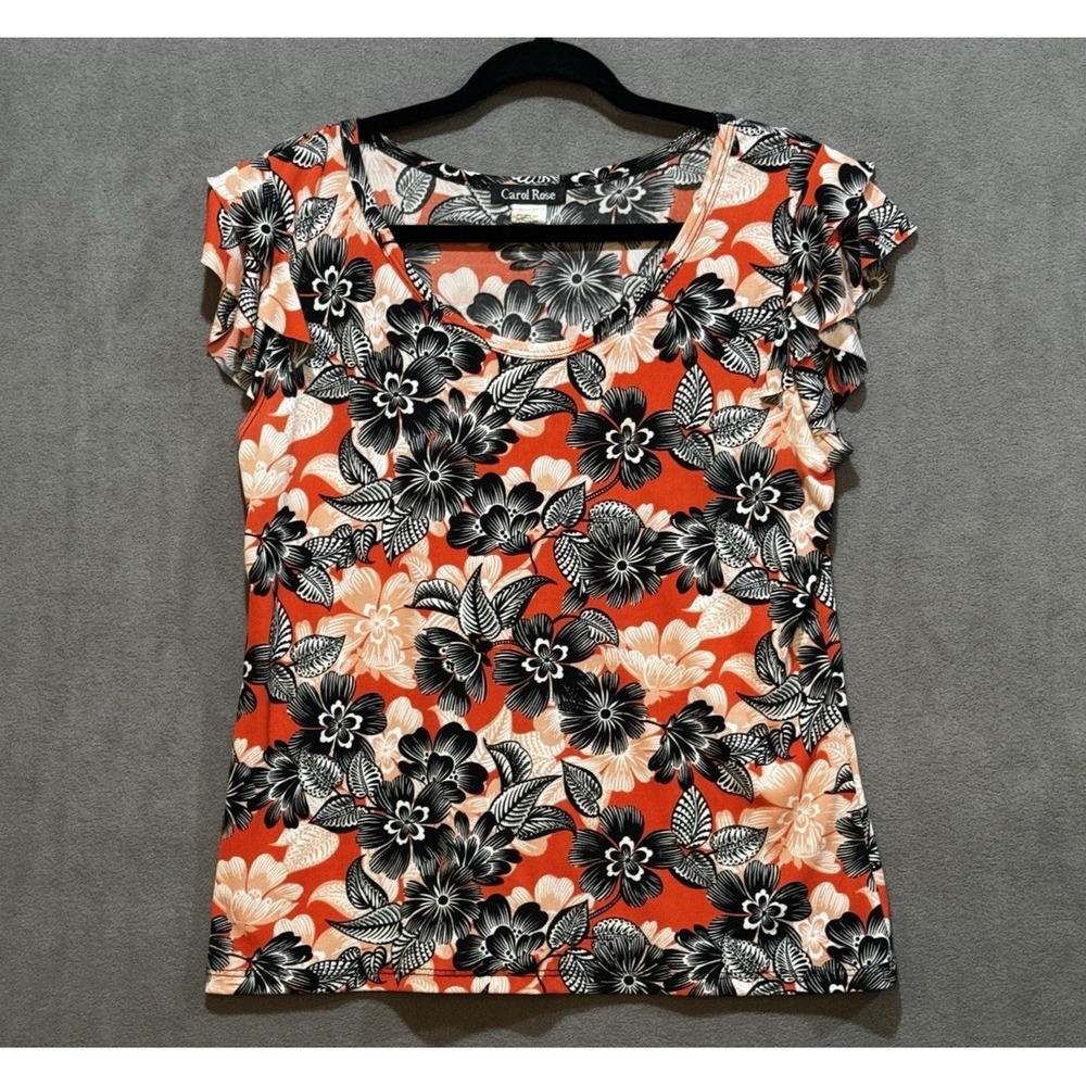 Carol Rose Large Top Blouse Orange Black Floral Flutter Sleeves Dark Fairy Goth